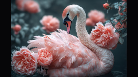 Beautiful pink flamingo with a bouquet of roses on a dark backgroundの素材