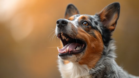 Portrait of a cute australian shepherd dog on blurred backgroundの素材