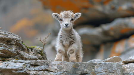 Baby Mountain Goat (Ovis canadensis) on a rockの素材
