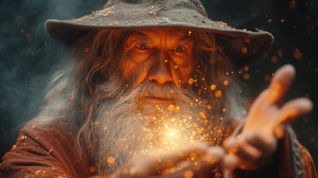 Old man in a hat and with a long gray beard holds a burning candle in his handsの素材