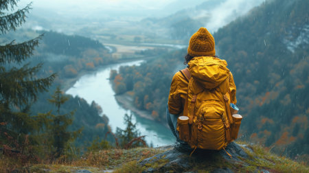A girl with a backpack and a cup of coffee on the background of a mountain river.の素材