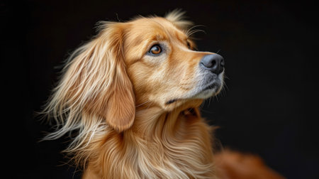 Portrait of a dog breed Golden Retriever on a black backgroundの素材