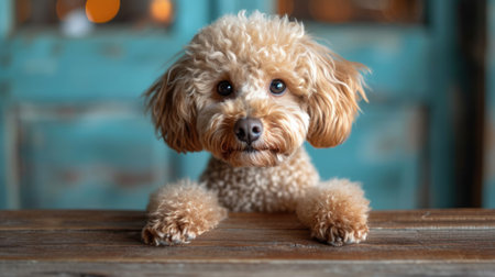 Cute little poodle dog lying on wooden table and looking at cameraの素材