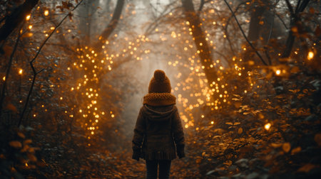 A girl in a warm hat walks through the autumn forest in the fog.の素材
