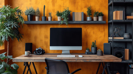 Modern workspace with computer and coffee cup on wooden table in front of yellow wallの素材
