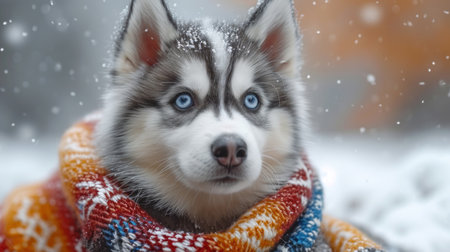 Cute siberian husky dog with blue eyes in scarf on snowy background.の素材