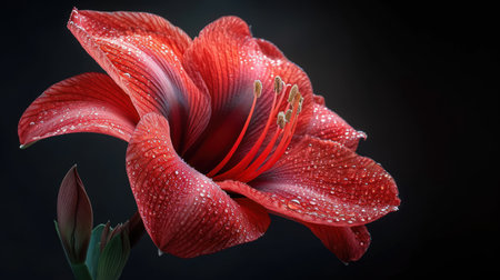 Beautiful red lily flower with dew drops on black backgroundの素材