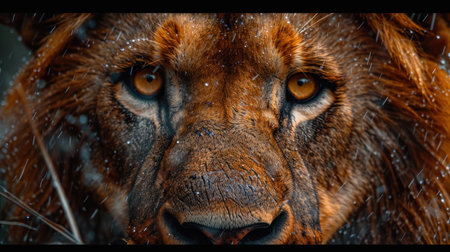 Head of a wild lion with raindrops on a black background.の素材