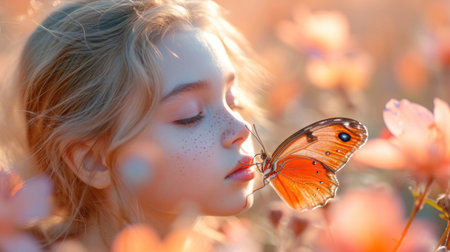 Beautiful little girl with long blond hair and butterfly on flower fieldの素材