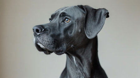 Portrait of a black Great Dane dog on a gray background.の素材