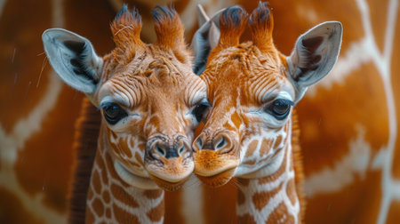 Two giraffes in a zoo, closeup of photo.の素材