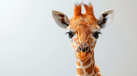Close up of giraffe head on white background with copy space.の素材