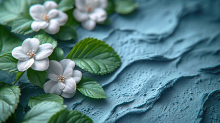 Beautiful white flowers and green leaves on blue textured background.の素材