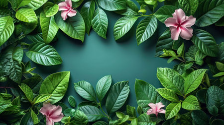 Creative layout made of green leaves and pink flowers on green background. Flat lay, top view, copy spaceの素材