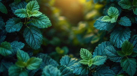 Close up of mint leaves in the garden with sunlight. Nature backgroundの素材
