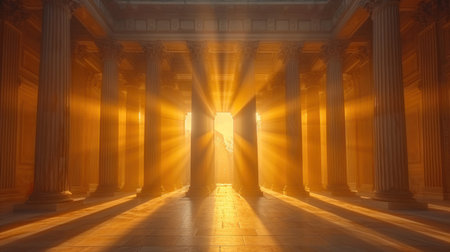 The entrance to the ancient Greek temple with rays of light. 3d renderの素材