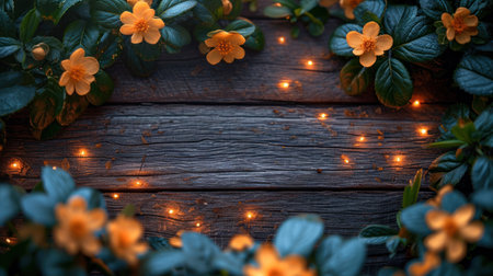 Flowers and lights on a dark wooden background. Copy space.の素材