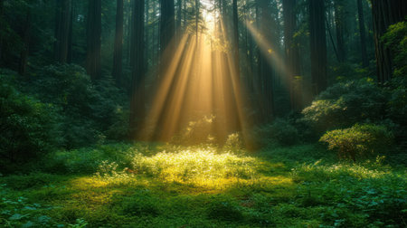 Sun rays shining through the trees in the forest. Nature background.の素材