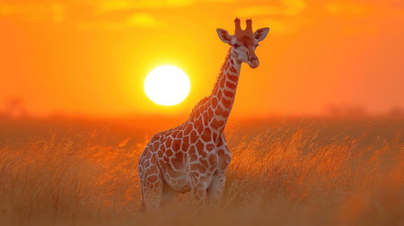 Giraffe at sunset in Serengeti National Park, Tanzaniaの素材