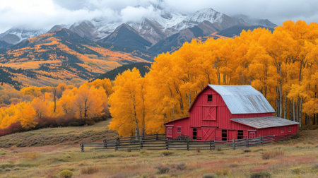 Red barn and yellow aspen trees in the fall with snow capped mountains in the backgroundの素材