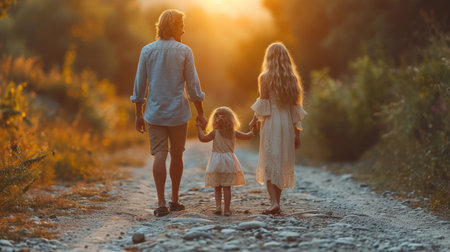 Back view of young family with little daughter walking on the road at sunsetの素材