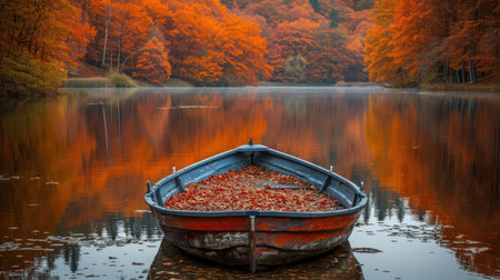 Boat on the lake with autumn leaves in the background. Beautiful autumn landscape.の素材