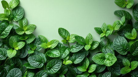 Fresh mint leaves on green background, top view, copy space.の素材