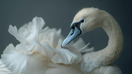 Beautiful white swan on a dark background. Close-up.の素材