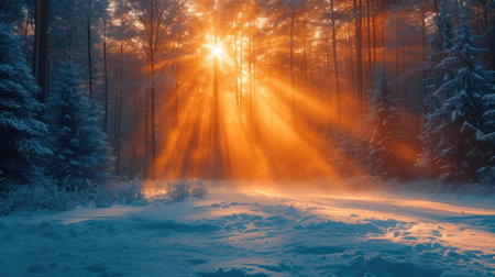 beautiful winter landscape with snow covered trees and rays of the sunの素材