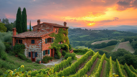 Vineyard in Tuscany, Italy. Rural landscape at sunset.の素材