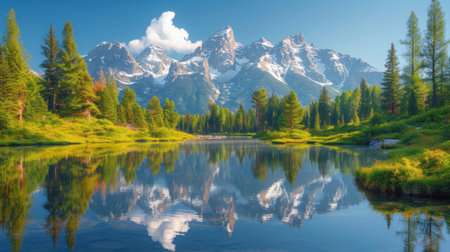 Beautiful alpine lake with reflection of mountains in water. Picturesque summer landscape.の素材