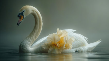 Beautiful white swan swimming in the water with a flower in its beakの素材