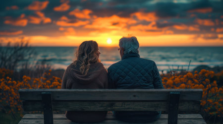 Back view of a senior couple sitting on a bench looking at the sunsetの素材