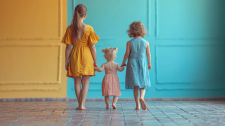 Mom and two daughters are walking on the street. Concept of friendly family.の素材