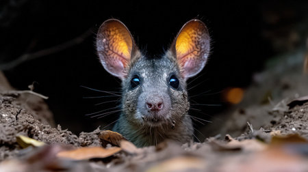 Portrait of a gray mouse in the forest on a black backgroundの素材