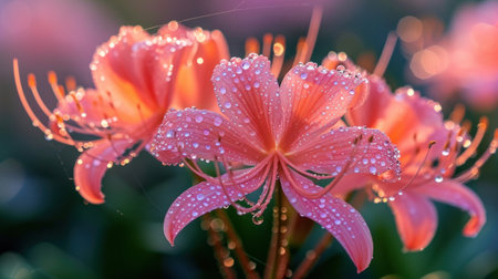 Beautiful pink lily flower with dew drops in the morningの素材