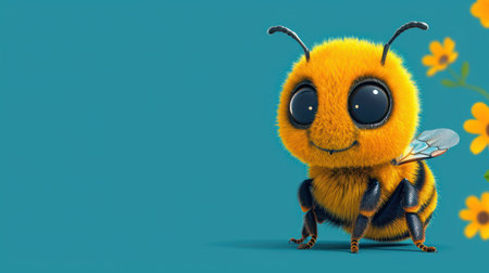 funny cartoon bee on a blue background. 3d illustration.の素材