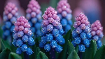 Close-up of blue hyacinths with water dropletsの素材