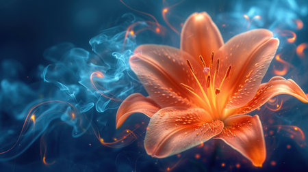 Orange lily on a dark blue background with smoke. 3d renderingの素材