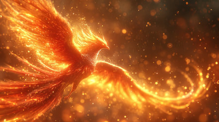 3d rendering of an abstract background with a golden bird flying in the airの素材