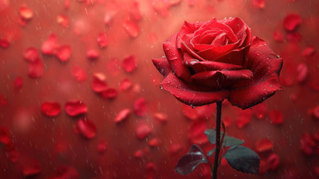 Red rose with drops of water on a background of red hearts.の素材