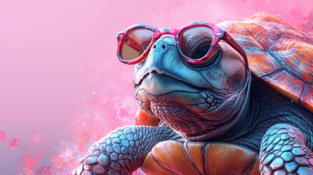 Tortoise with sunglasses on pink background. 3D illustration.の素材