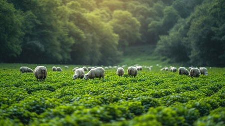 Sheep grazing on a field in summer. Sheep grazing on a field.の素材