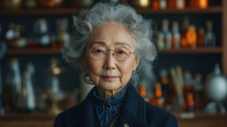 Portrait of a senior asian woman with grey hair and glassesの素材