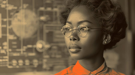 Portrait of beautiful african american woman wearing glasses in the officeの素材
