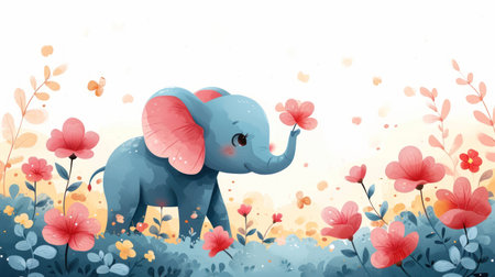 Cute baby elephant with flowers in the meadow. Vector illustration.の素材