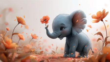 Elephant with flower in the meadow,3d rendering.の素材