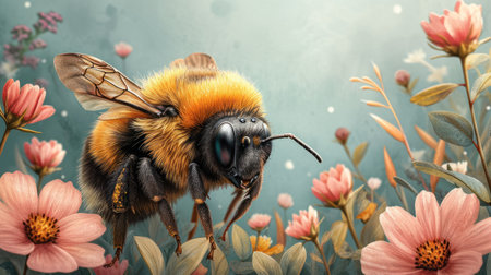 Bumblebee on the flower background.Vintage style. Copy space.の素材