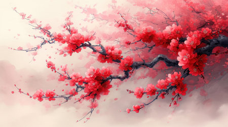 Chinese New Year background. Cherry blossom, watercolor painting.の素材