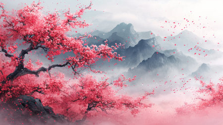 Red cherry blossom in the mist. Digital painting effect. 3D illustration.の素材